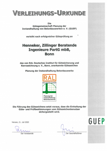 Verleihungs-Urkunde GUEP für HZI - RAL-Gütezeichen für Planung und Instandhaltung von Betonbauwerken.
